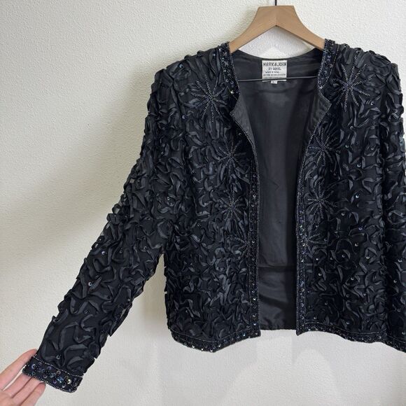 Vtg Sequin Beaded Jacket Womens Large Black Silk Cocktail Feminine Artsy Event - Picture 2 of 16